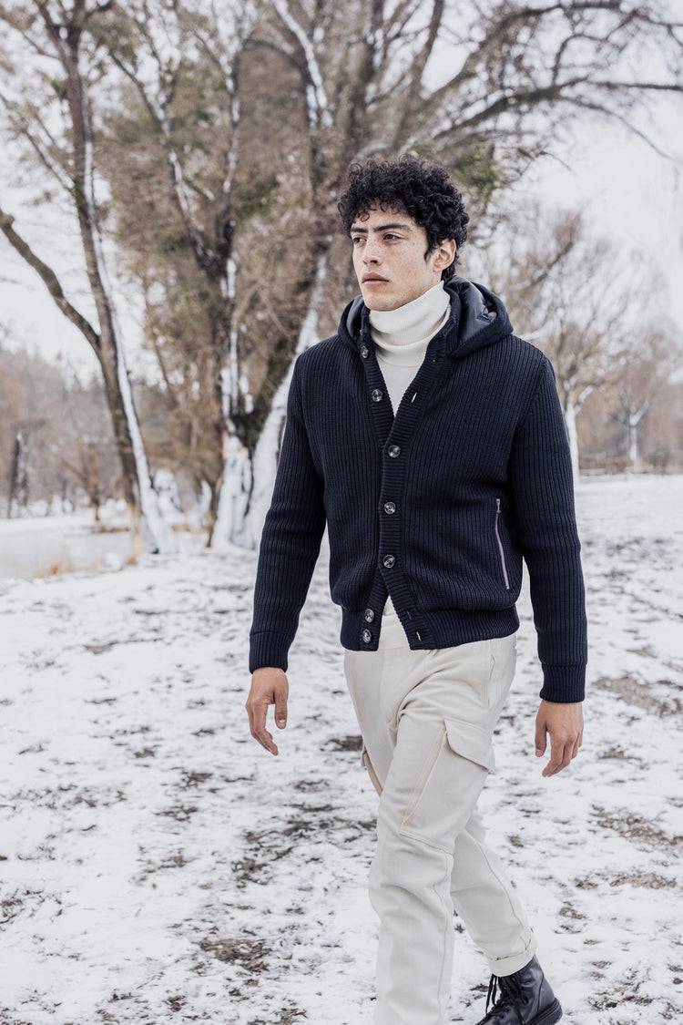Phil Petter Hybrid-Kapuzenknopfjacke aus Merinowolle und Nylon-Stepp Online Shopping