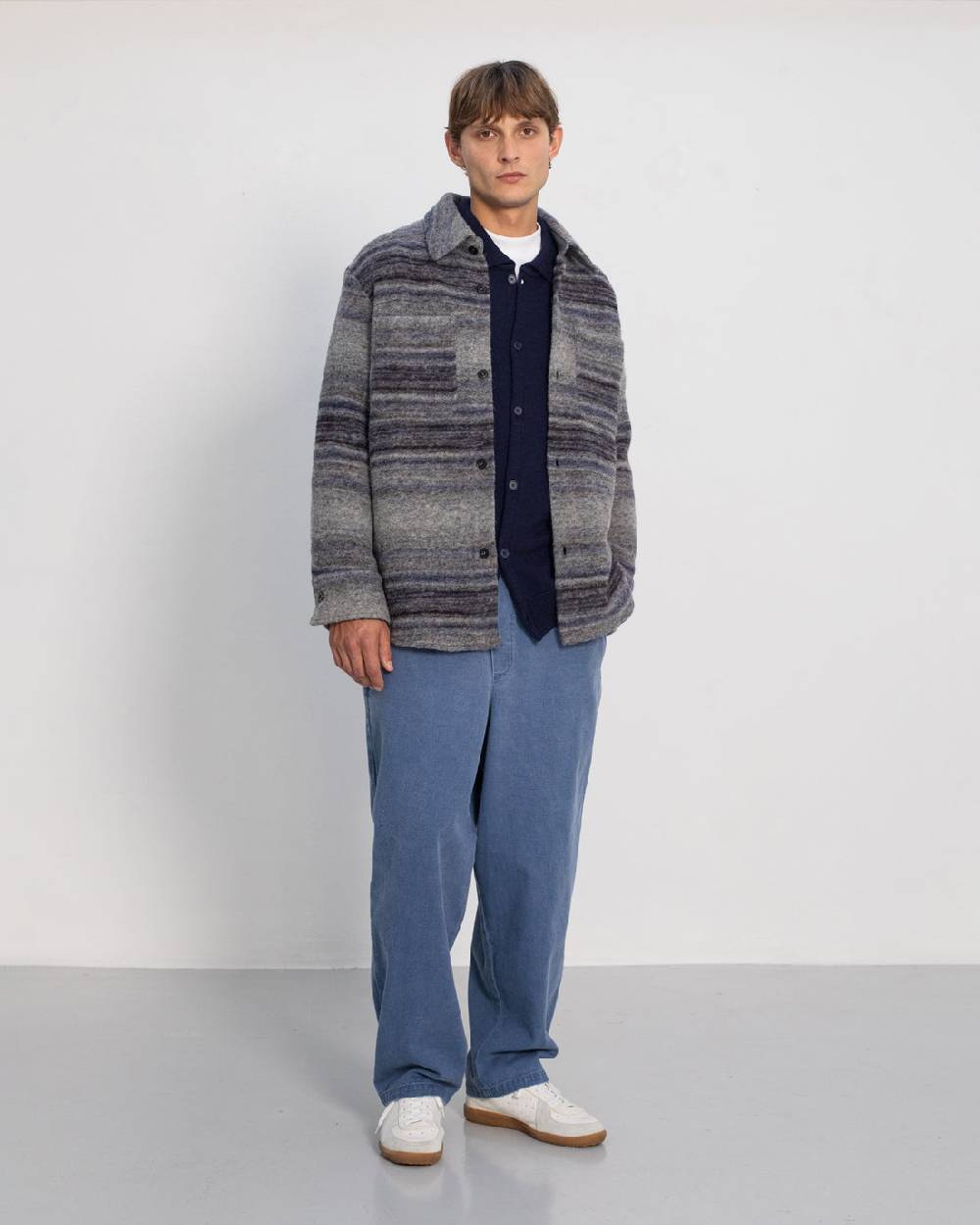 Rotholz Dickes Overshirt Bio Wollmischung - Grau Gestreift Schlussverkauf