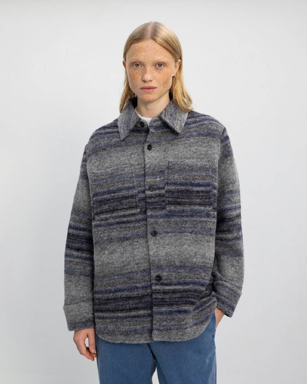Rotholz Dickes Overshirt Bio Wollmischung - Grau Gestreift Discount Store für neue Produkte