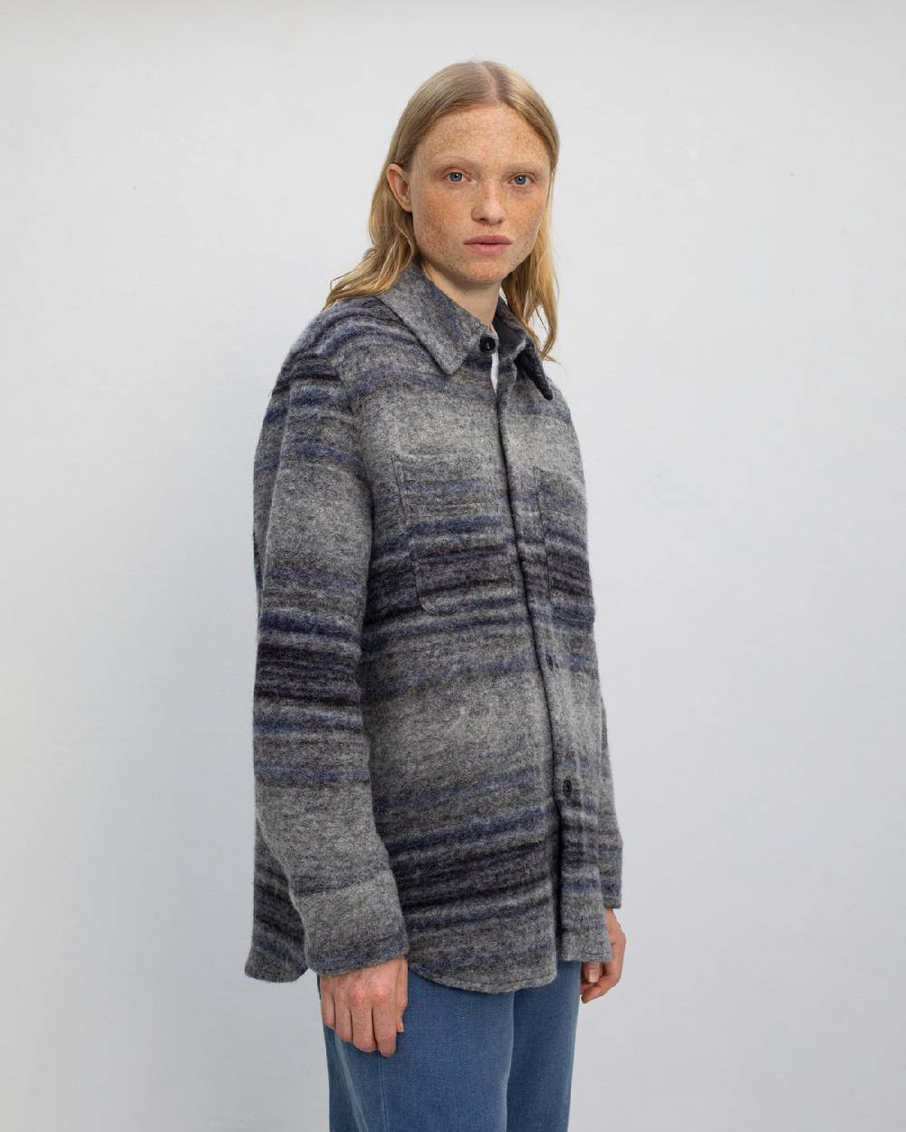 Rotholz Dickes Overshirt Bio Wollmischung - Grau Gestreift Heißer Verkauf