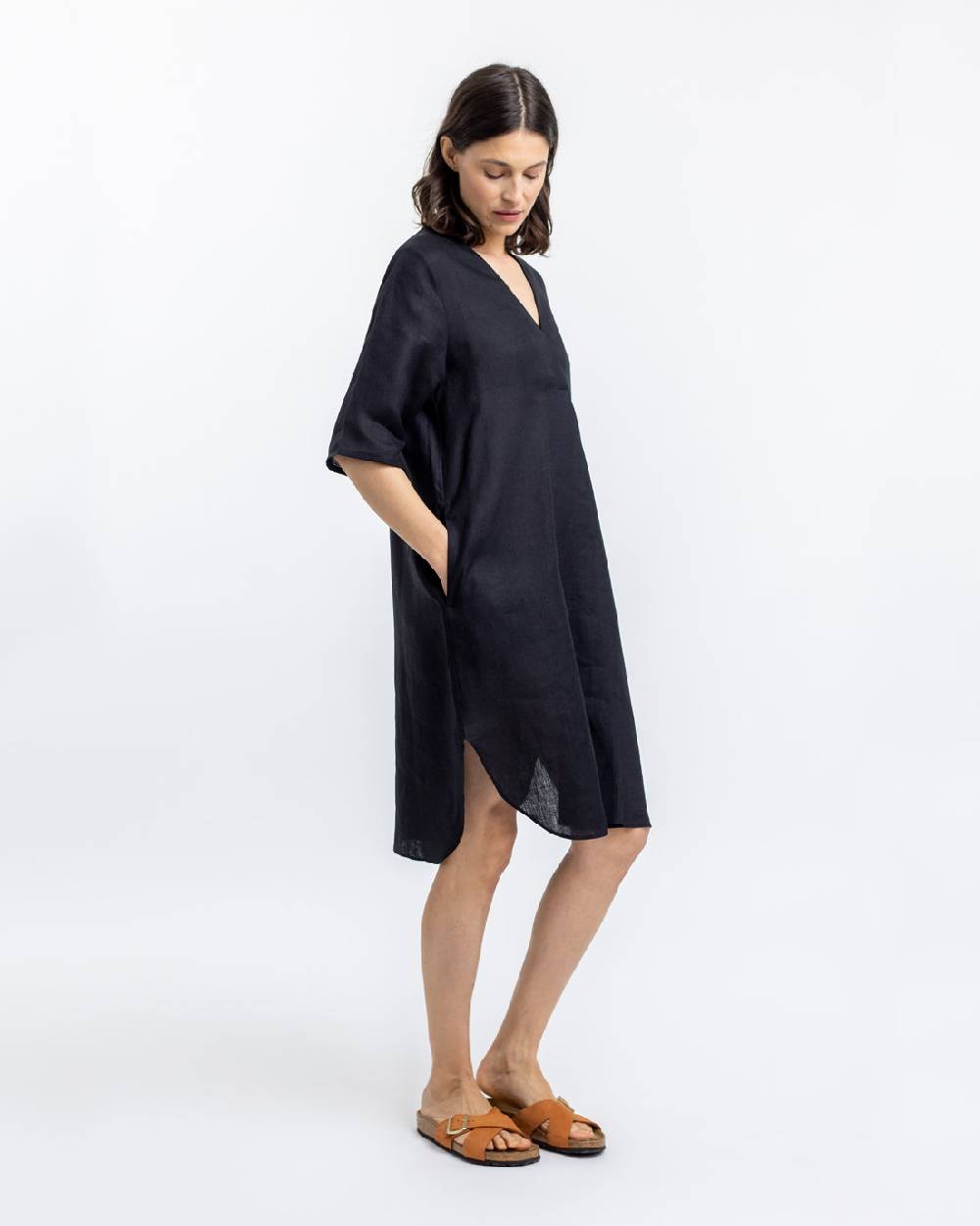 Rotholz Leinen Kaftan Kleid Schwarz Vierteljährliche Förderung
