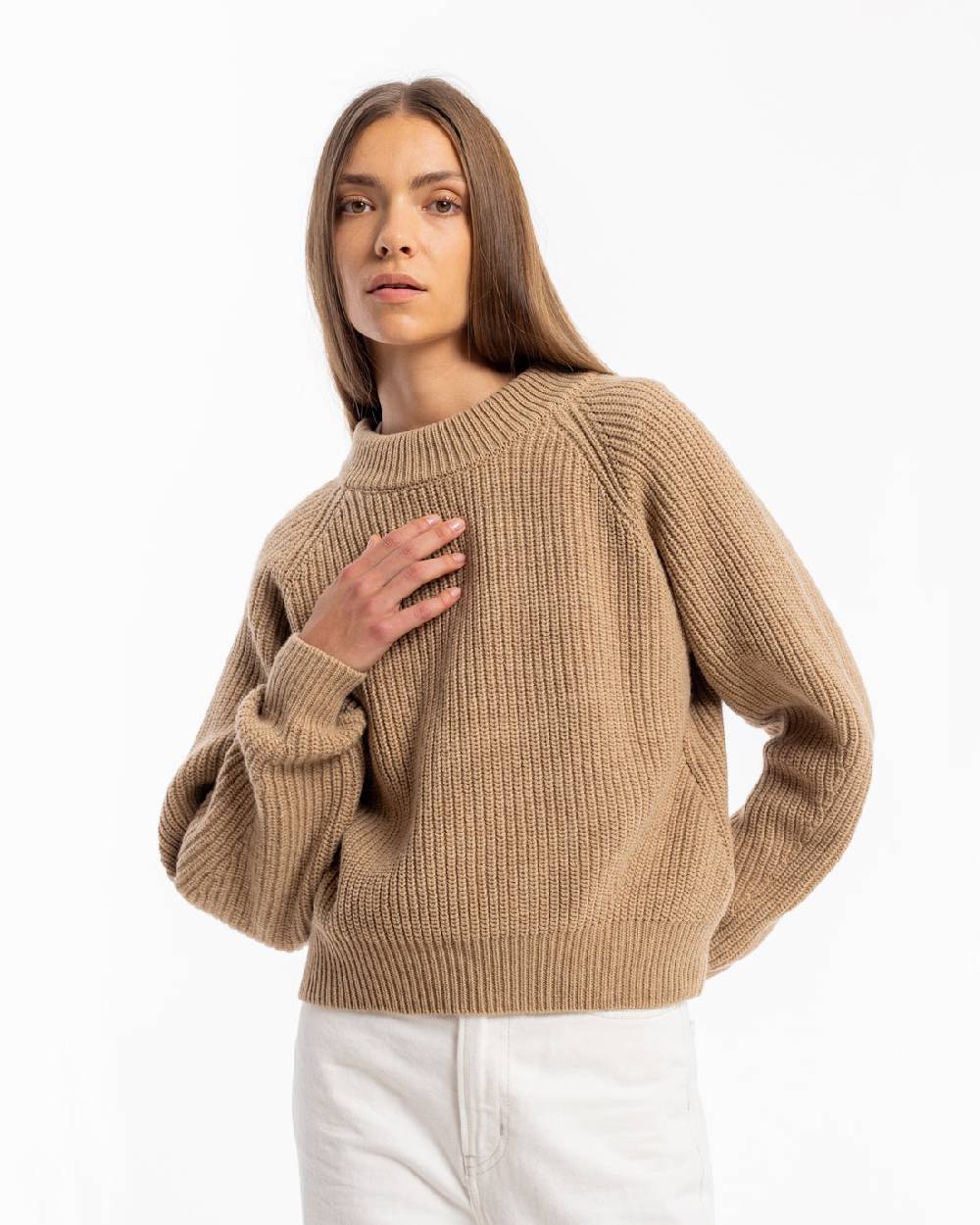 Rotholz Grober Strickpullover Wollmischung - Beige Räumungsverkauf