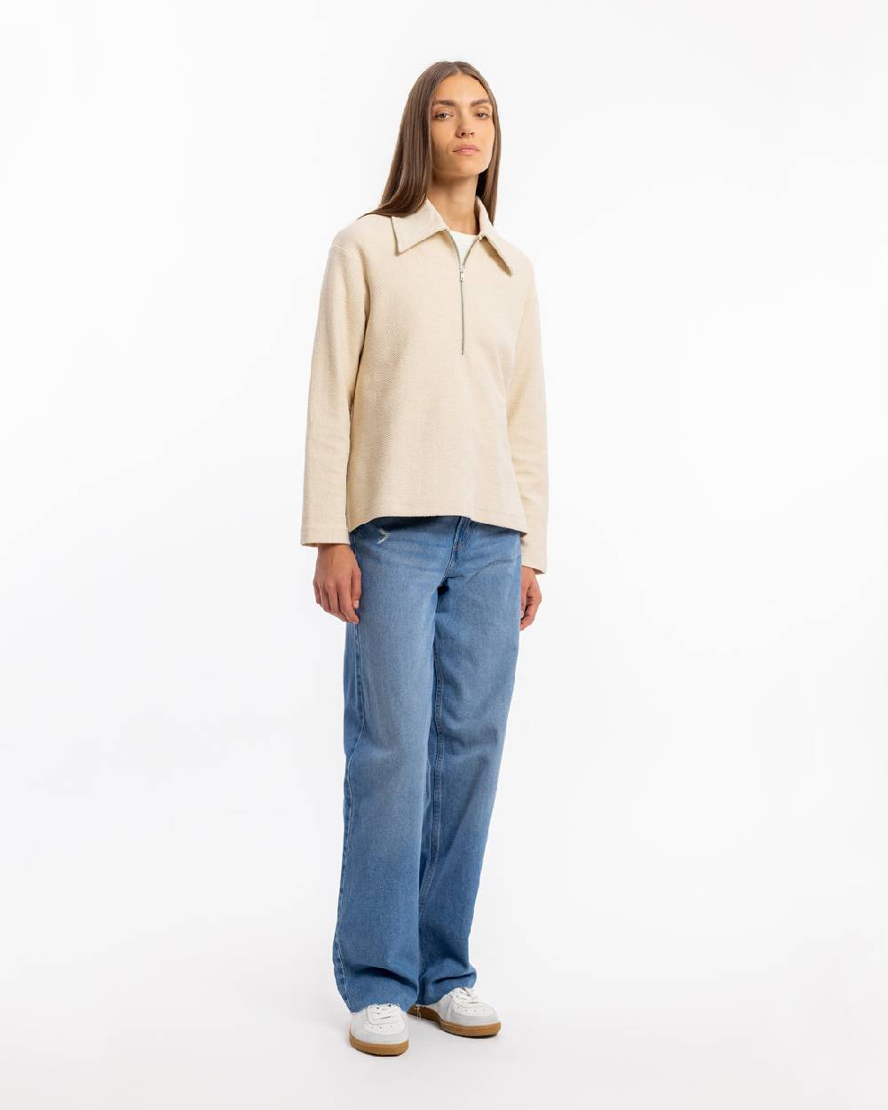Rotholz Polo Zip Sweatshirt Bio Baumwolle - Creme Online Outlet