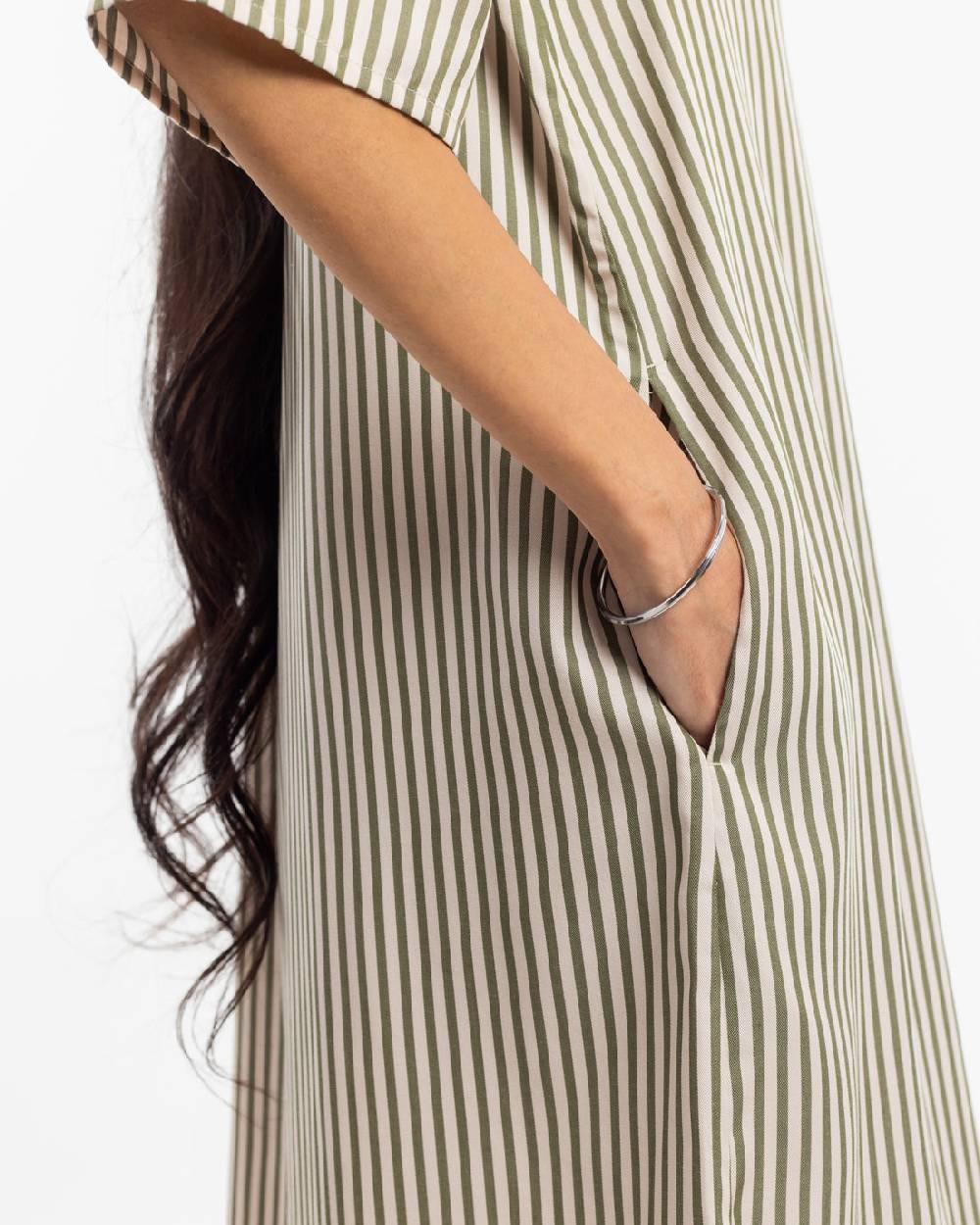 Rotholz Kaftan Kleid aus Lyocell - Oliv Gestreift Neueste Stile