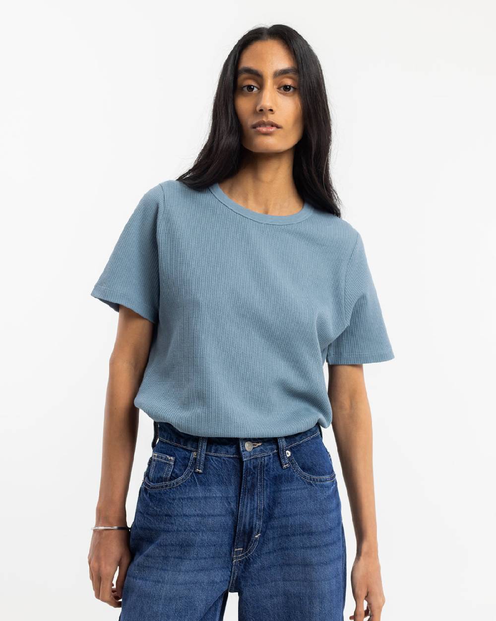 Rotholz Waffel T-Shirt Bio-Baumwolle - Blau Schlussverkauf