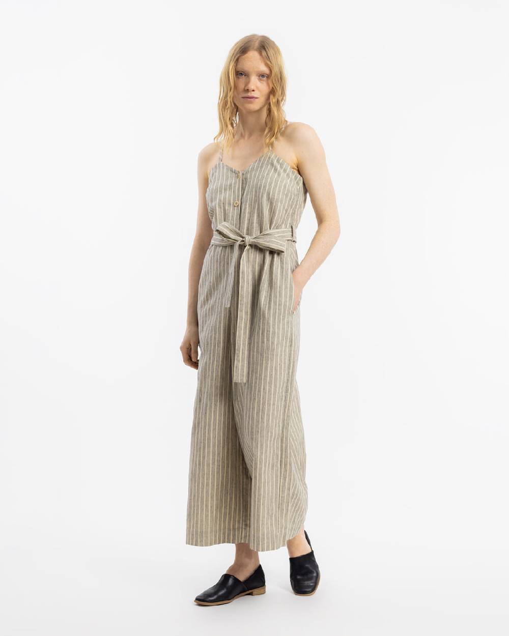 Rotholz Jumpsuit Leinen Mix - Grau Gestreift Kostenloser Versand
