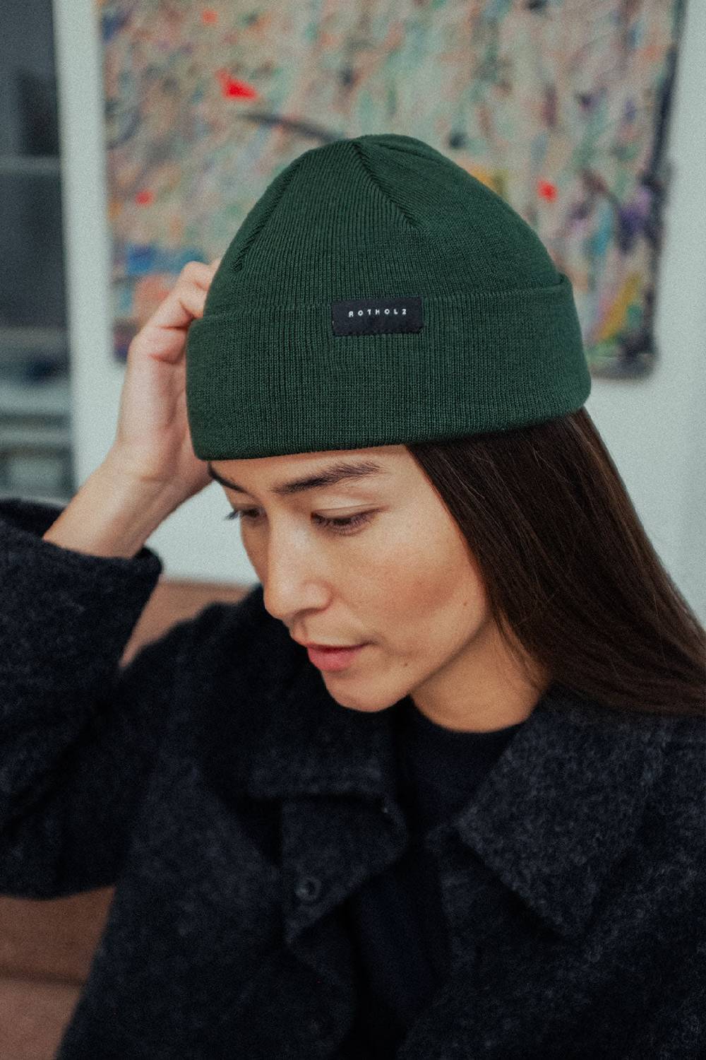 Rotholz Kurze Mütze Merino Fein - Olive Tiefpreis